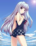 casual_one-piece_swimsuit from_behind hairband highres idolmaster idolmaster_(classic) long_hair looking_back one-piece_swimsuit oomugi_genmai red_eyes shijou_takane silver_hair swimsuit 