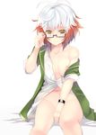  adjusting_eyewear bad_id bad_pixiv_id bespectacled bottomless breasts collarbone glasses jacket multicolored_hair naked_shirt nipple_slip nipples no_bra no_panties off_shoulder open_clothes open_jacket pascal red_hair semi-rimless_eyewear shirt short_hair simple_background sitting sleeves_rolled_up small_breasts smile solo sumomo_(peach-breath) tales_of_(series) tales_of_graces two-tone_hair unbuttoned watch white_background white_hair wristwatch yellow_eyes 
