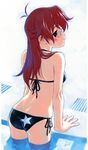  absurdres ano_natsu_de_matteru arm_support ass back bare_shoulders bikini black_bikini dimples_of_venus drain_(object) from_behind glasses highres long_hair looking_back pool poolside profile red_eyes red_hair side-tie_bikini solo standing star star_print swimsuit takatsuki_ichika tanaka_kunihiko wading water 