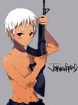  copyright_name grey_background gun johnathan_mar jormungand male_focus matarou_(genkai_toppa) red_eyes rifle shirtless simple_background solo toned toned_male weapon white_hair 