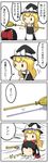  4koma apron black_hair blonde_hair bow broom comic hakurei_reimu hat hat_bow highres kirisame_marisa multiple_girls potaaju touhou translated waist_apron white_bow 