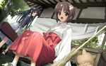  amatsume_akira antenna_hair black_eyes black_hair broom brown_eyes brown_hair cat dress dutch_angle hair_ornament hair_ribbon hashimoto_takashi highres instrument_case japanese_clothes long_hair looking_at_viewer migiwa_kazuha miko multiple_girls ribbon short_hair smile tabi wallpaper yosuga_no_sora 