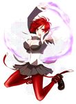  aixftl boots breasts cleavage fire genderswap genderswap_(mtf) highres large_breasts miniskirt pantyhose pleated_skirt purple_fire pyrokinesis red_eyes red_hair red_legwear short_hair skirt solo the_king_of_fighters yagami_iori 