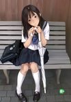  absurdres bag bench black_eyes black_hair closed_umbrella highres kamo_(gafas) kneehighs knees_together_feet_apart long_hair looking_at_viewer original pleated_skirt school_bag school_briefcase school_uniform serafuku sitting skirt solo umbrella white_legwear 