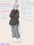  4_toes akire_fawe anthro barefoot biped canine clipped_ear clothed clothing crossed_arms dialogue digitigrade english_text female fully_clothed fur hair long_hair looking_at_viewer mammal model_sheet raised_eyebrow signature solo standing teeth text toes what_the_hart_wants white_fur wolf wolfie-pawz 