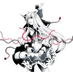  album_cover belt bow chain cover cuffs gourd hair_bow horn_ribbon horns ibuki_suika long_hair monochrome open_mouth red_eyes ribbon shackles shirt sira-kura skirt sleeveless sleeveless_shirt smile solo spot_color touhou wrist_cuffs 