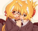  2girls animal_ears blonde_hair breasts brown_eyes censored double_fellatio fellatio fox_ears licking long_hair multiple_fellatio multiple_girls natsupoi open_mouth oral original penis short_hair tongue upper_body 