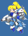  afterburner antennae battletech blonde_hair blue_background blue_eyes d-klaw gun lowres mecha_musume no_nose phoenix_hawk ponytail simple_background solo weapon 