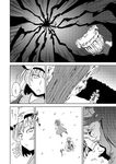  battle bleeding blood comic energy fox_tail greyscale hat hong_meiling long_hair lying monochrome multiple_girls multiple_tails no_hat no_headwear slit_pupils tail touhou translated yakumo_ran yokochou 