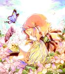  1girl aquarion_(series) aquarion_evol blonde_hair blush closed_eyes coat dorayan dress forehead_kiss gloves jin_musou kiss multicolored_hair orange_hair purple_hair short_hair yunoha_thrul 