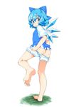  :o ass barefoot bloomers bloomers_pull blue_eyes blue_hair bow child cirno feet from_behind full_body hair_bow ice ice_wings looking_back midori555 short_hair simple_background solo touhou underwear wings 