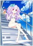  barefoot bikini blush bow breasts cleavage cloud day drink hair_bow jewelry kujou_non long_hair navel original pendant petite purple_eyes purple_hair sitting sitting_on_stairs sky small_breasts stairs swimsuit 