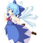  blue_eyes blue_hair blush bow cirno dress ebicha hair_bow highres ice ice_wings simple_background smile solo touhou white_background wings 