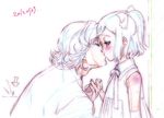  2012 2boys age_difference bare_shoulders barnaby_brooks_jr blush bow bowtie color_trace colored_pencil_(medium) directional_arrow dress father_and_daughter hair_bow hetero holding_hands kaburagi_kaede kaburagi_t_kotetsu kiss kiss_day monochrome multiple_boys nishida_asako one_side_up profile short_hair side_ponytail tiger_&amp;_bunny traditional_media 