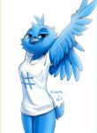  2019 alec8ter anthro avian barely_visible_genitalia barely_visible_pussy beak bird blue_eyes blue_feathers blue_pussy bottomless breasts cheek_tuft chromatic_aberration clothed clothing depth_of_field english_text feathers female half-closed_eyes hand_behind_head looking_at_viewer non-mammal_breasts pussy signature simple_background smile soft_focus solo stretching text tuft tweetfur twitter white_background 
