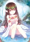  bad_id bad_pixiv_id bare_shoulders brown_eyes brown_hair dress flower katou_itsuwa long_hair original panties pantyshot pantyshot_(sitting) pointy_ears rose sitting smile solo underwear water wet wet_clothes white_panties wings wreath 