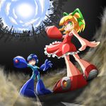  1girl android arm_cannon blonde_hair blue_eyes dress frilled_dress frills green_eyes hair_ribbon helmet highres implied_pantyshot long_hair red_skirt ribbon rockman rockman_(character) rockman_(classic) roll skirt symphysodon weapon 