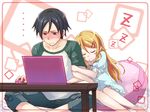  1girl arm_hug black_hair blonde_hair blush brother_and_sister computer kousaka_kirino kousaka_kyousuke laptop long_hair mouse_(computer) ore_no_imouto_ga_konna_ni_kawaii_wake_ga_nai raglan_sleeves siblings sleeping sleepwear suzuki_hanako table 