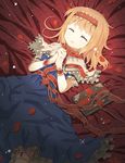  alice_margatroid bed blonde_hair book capelet closed_eyes doll_joints dress garter_straps hairband hands_clasped lying ooide_chousuke own_hands_together petals sleeping solo string thighhighs touhou white_legwear wrist_cuffs 