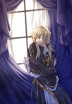  1boy blonde_hair coat earrings frills gloves heterochromia jewelry long_hair open_mouth pandora_hearts vincent_nightray window 