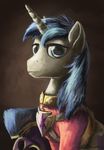  blue_eyes blue_hair brown_background clothed clothing equine feral friendship_is_magic gradient_background hair helmet horn horse huussii looking_at_viewer male mammal my_little_pony plain_background pony portrait shining_armor_(mlp) solo unicorn 