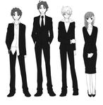  3boys ahoge brothers fate/stay_night fate/zero fate_(series) father_and_son formal greyscale highres hood hoodie long_hair matou_byakuya matou_kariya matou_sakura matou_shinji monochrome multiple_boys necktie ribbon ronpaxronpa short_hair siblings skirt suit time_paradox uncle_and_nephew uncle_and_niece wavy_hair 