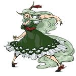  breasts cleavage clenched_hand dress ex-keine fingernails full_body green_hair highres horn_ribbon horns kamishirasawa_keine large_breasts long_hair red_eyes ribbon sharp_fingernails solo tadashi touhou transparent_background very_long_hair 