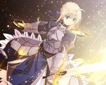  ahoge armor armored_dress artoria_pendragon_(all) avalon_(fate/stay_night) blonde_hair blue_dress braid breastplate corset dress excalibur fate/stay_night fate/zero fate_(series) faulds gauntlets glowing hair_bun hair_ribbon light_particles puffy_sleeves ribbon saber satomi sheath short_hair solo sword weapon 
