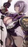  armor bare_hips breasts choker cleavage curvy earrings gauntlets groin hair_over_one_eye hips isabella_valentine jewelry large_breasts parted_lips revealing_clothes short_hair shoulder_pads skull solo soulcalibur soulcalibur_v sword tea_(nakenashi) weapon white_hair wide_hips 