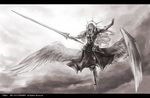  2011 akaitera angel_wings armor banned_artist character_request dated giant-hobby halo long_hair monochrome sky solo sword very_long_hair weapon wings 