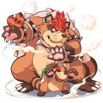  3_toes anthro belly bowser bowser_jr. bracelet brown_fur chubby claws collar father fur fursuit hair hindpaw horn jewelry kemono koopa leaf male mammal mario_bros masabowser nintendo open_mouth overweight parent paws plain_background plantigrade prince raccoon red_eyes red_hair royalty scalie shell smile smoke spikes tanooki_suit tanuki tanuki_suit toe_claws toes video_games 