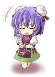  bandages blush_stickers bun_cover chain chibi chinese_clothes closed_eyes cosplay cuffs double_bun flower ibaraki_kasen ibaraki_kasen_(cosplay) ichimi nagae_iku open_mouth purple_hair rose shackles shirt short_hair simple_background skirt solo tabard touhou white_background 