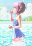  akahige ass bubble bubble_blowing bubble_pipe casual_one-piece_swimsuit flat_chest from_behind hair_bobbles hair_ornament highres nagato_yuki one-piece_swimsuit profile purple_eyes purple_hair short_hair solo sparkle suzumiya_haruhi_no_yuuutsu swimsuit wading water younger 