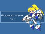  antennae battletech blonde_hair blue_background blue_eyes character_name d-klaw gun mecha_musume no_nose phoenix_hawk ponytail simple_background solo wallpaper weapon 