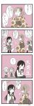  4girls 4koma :d alternate_costume alternate_hairstyle arashio_(kantai_collection) arrow asashio_(kantai_collection) asymmetrical_bangs bangs belt blush bow bowtie buttons camera cellphone closed_mouth collared_shirt comic commentary_request double_bun dress eyebrows_visible_through_hair eyes_closed furisode hagoita hair_between_eyes hair_ornament hamaya highres holding holding_camera holding_clothes holding_phone jacket japanese_clothes jitome kantai_collection kanzashi kimono kneehighs long_hair long_sleeves michishio_(kantai_collection) mocchi_(mocchichani) monochrome multiple_girls obi one_knee ooshio_(kantai_collection) open_mouth paddle pantyhose parted_lips phone pinafore_dress remodel_(kantai_collection) sash shirt side_ponytail skirt smartphone smile speech_bubble spot_color strap translation_request tsumami_kanzashi twintails video_camera wide_sleeves 