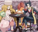  1girl black_hair blonde_hair blue_eyes cattleya_(pokemon) chair crossed_legs duosion elite_four formal gen_5_pokemon giima_(pokemon) green_eyes hat head_rest lace lace_background long_hair musharna no_socks pokemoa pokemon pokemon_(creature) pokemon_(game) pokemon_bw purrloin scarf scrafty sitting table tears very_long_hair wavy_hair 