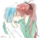  bad_id bad_pixiv_id blue_hair blush bow closed_eyes hagino_makoto hair_bow hand_on_another's_head heart kiss long_hair mahou_shoujo_madoka_magica miki_sayaka multiple_girls ponytail red_hair sakura_kyouko shirt short_hair white_background yuri 