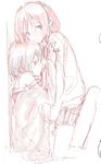  bad_id bad_pixiv_id bare_shoulders hug kirisawa_saki kneeling monochrome mouth_hold multiple_girls original ribbon ribbon_in_mouth school_uniform sitting sketch straddling strap_slip yuri 