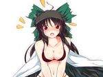 1girl :o ahoge black_hair blush bra breasts cape cleavage dedeyong feathers large_breasts lingerie navel open_mouth red_eyes reiuji_utsuho solo touhou underwear underwear_only upper_body v_arms wings 