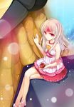  apple apple_(elsword) bad_id bad_pixiv_id bare_legs bare_shoulders code:_empress_(elsword) crossed_legs elsword eve_(elsword) food forehead_jewel fruit full_body jewelry long_hair meow necklace pink_eyes shoes sitting skirt solo white_hair 