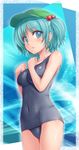  aqua_hair bare_shoulders blue_eyes blush breasts covered_navel embarrassed hair_bobbles hair_ornament hat highres irudana kawashiro_nitori lips looking_at_viewer medium_breasts one-piece_swimsuit school_swimsuit short_hair skin_tight solo swimsuit touhou two_side_up 