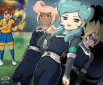  2girls armband bad_id bad_pixiv_id beta_(inazuma_eleven) blue_eyes brown_hair dorimu dutch_angle green_hair headset inazuma_eleven_(series) inazuma_eleven_go inazuma_eleven_go_chrono_stone lightning_bolt long_hair matsukaze_tenma mizuhara_aki multiple_boys multiple_girls no_pupils open_mouth orca_(inazuma_eleven) pink_hair protocol_omega purple_eyes raimon raimon_soccer_uniform short_hair soccer_uniform sportswear 