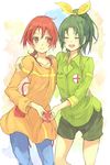  :d casual closed_eyes eyelashes green_eyes green_hair green_shirt hair_ornament hand_on_shoulder heart heart_hands heart_hands_duo hino_akane_(smile_precure!) midorikawa_nao multiple_girls open_mouth orange_shirt pants ponytail precure red_eyes red_hair shirt short_hair shorts smile smile_precure! toromi_chuuka white_background 