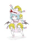  bat_wings blonde_hair blue_hair carrying child clone flandre_scarlet four_of_a_kind_(touhou) hat multiple_girls no_hat no_headwear red_eyes remilia_scarlet short_hair side_ponytail simple_background takeuma touhou white_background wings younger 