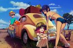  3girls =_= aircraft airplane ass bad_id bad_pixiv_id baseball_cap bee_(the-bee8607) bikini_top blonde_hair blue_hair blue_sky blush breasts car cat cloud condensation_trail day from_behind green_hair ground_vehicle hanging_breasts hat long_hair looking_back motor_vehicle multiple_girls original pink_hair red_eyes shoes short_shorts shorts shovel sideboob sky small_breasts sneakers squatting strap_gap sunglasses volkswagen volkswagen_beetle 