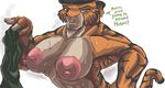  beret biceps big_breasts breasts dialog dialogue feline female hat huge_breasts invalid_tag mammal military muscles muscular_female nipples solo stripes sweat text tiger topless vanska 