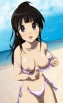  absurdres beach bikini bikini_pull black_hair breasts chitanda_eru cleavage cloud day gentoku highres hyouka large_breasts long_hair nipples ocean open_mouth outdoors pulled_by_self purple_eyes shiny shiny_skin side-tie_bikini sky solo swimsuit undressing water 