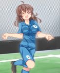  ;d ahoge blush breasts brown_hair copyright_request heavy_breathing highres impossible_clothes impossible_shirt medium_breasts one_eye_closed open_mouth shirt smile soccer_uniform solo sportswear takuma_ss w_arms 