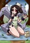  aruse_yuushi bare_shoulders black_hair black_sclera blanket eating fingernails hot_dog long_fingernails nail painwheel_(skullgirls) red_eyes scar skullgirls solo tree veins 