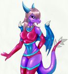  blazinflizard blue_eyes breasts collar dragon female horn looking_at_viewer purple_skin solo wings 
